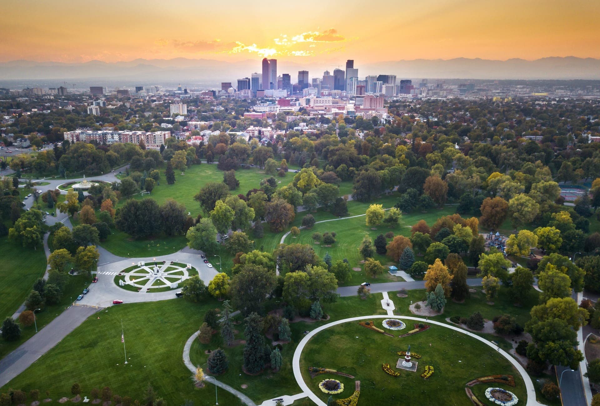 Aerial view of Denver parks and skyline